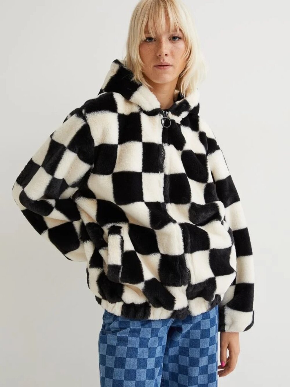 H&M Fuzzy Checkerboard Vans Style Jacket Coat XS Black and White